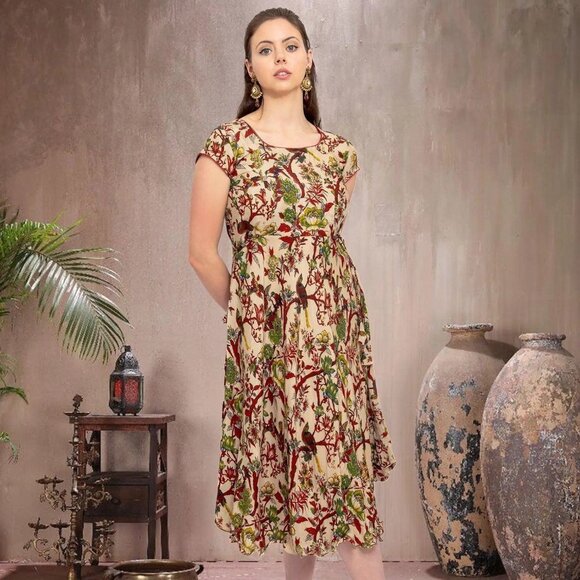 Stylish Cream Printed Knee-Length Dress | Muvvas Boutique - Picture 3 of 5